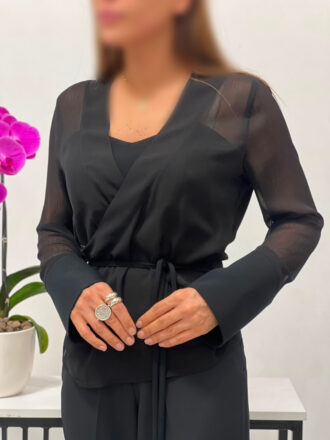 شومیز حریر مشکی چپ و راست زنانه با بند کمر
